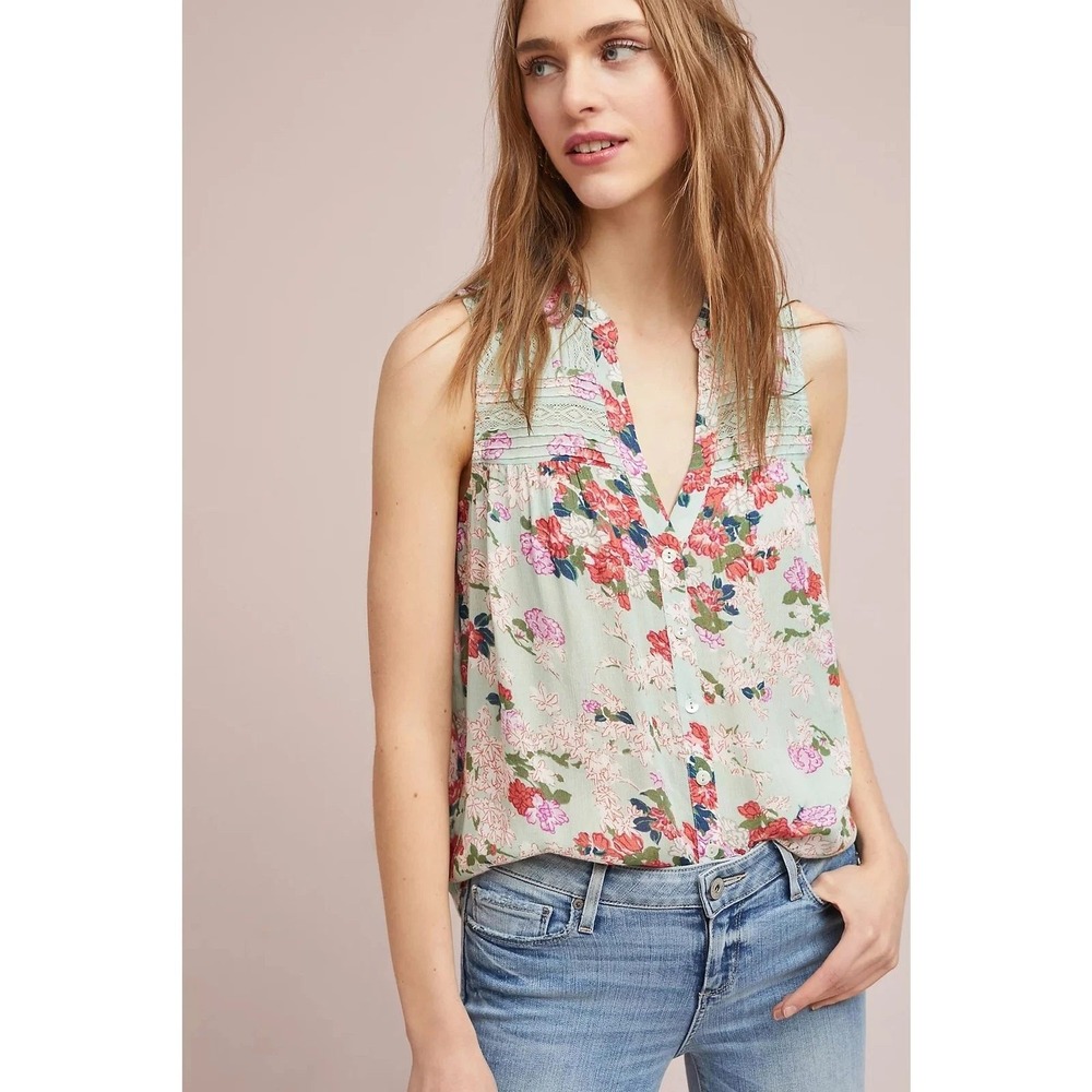 Anthropologie Meadow Rue Mint Floral Lace Pintuck Button Up Top 12 Boho Cottage